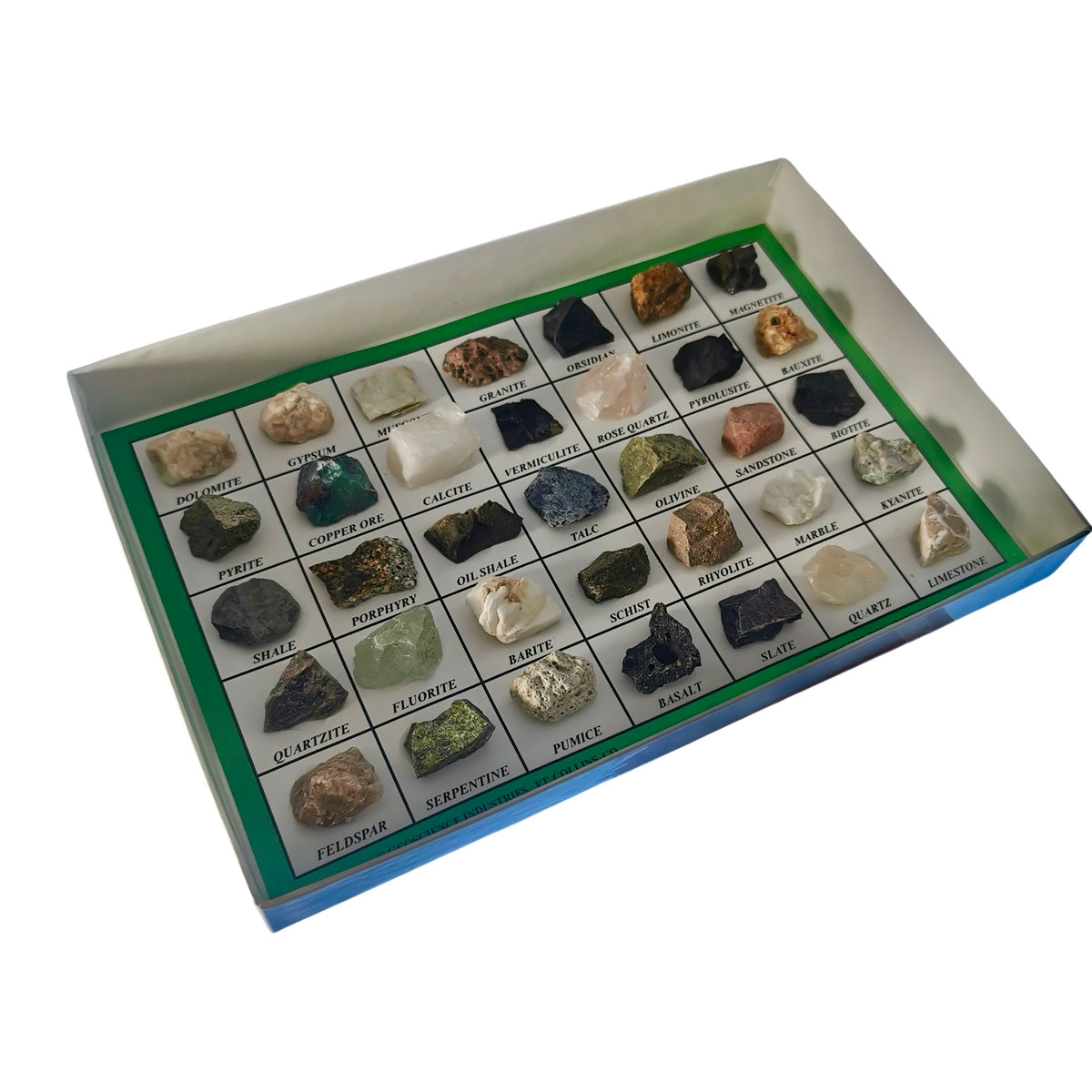 35 piece mineral set: open box with samples