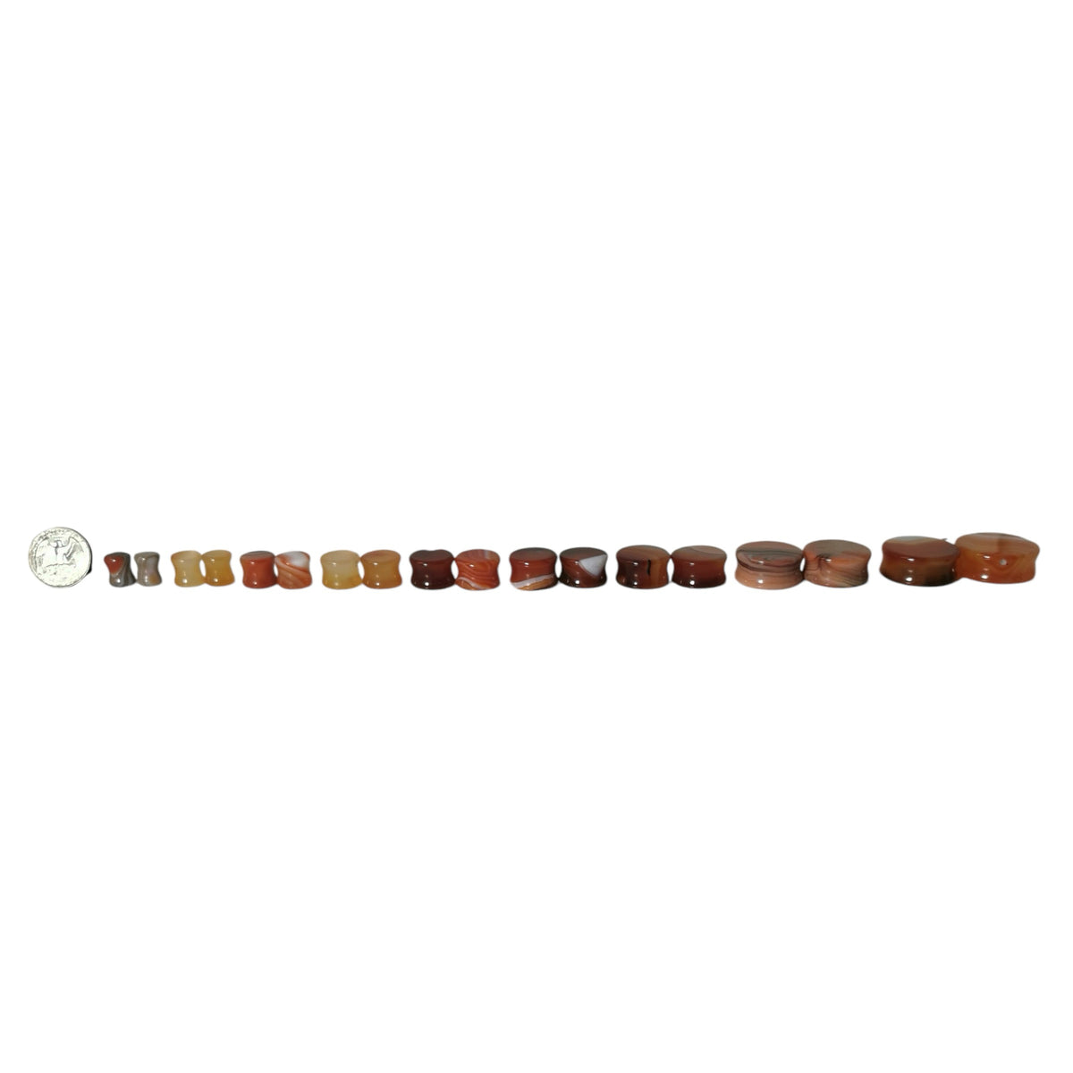 Carnelian plug earring – gauge sizes in a row