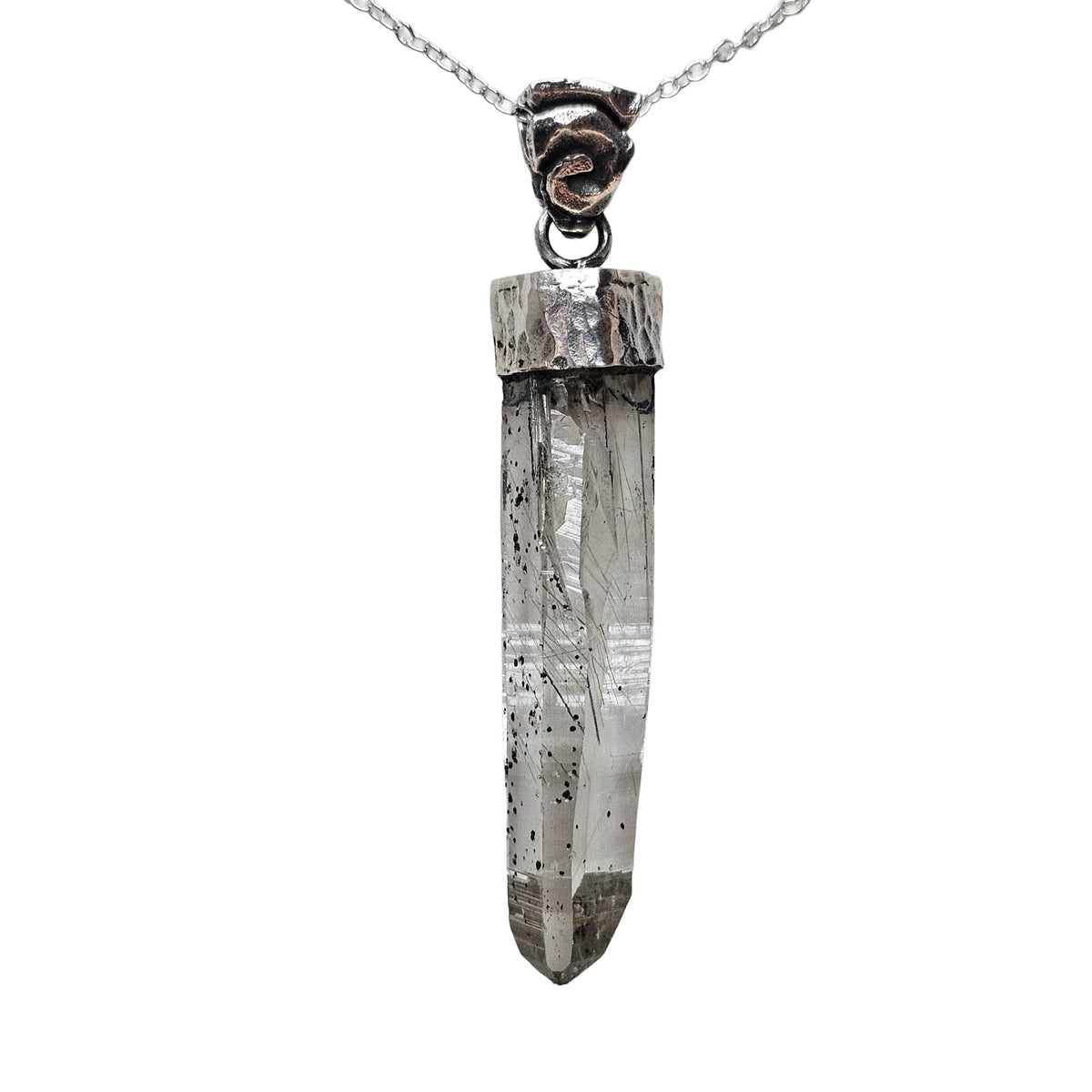 Actinolite quartz capped pendant, BC: single pendant close up