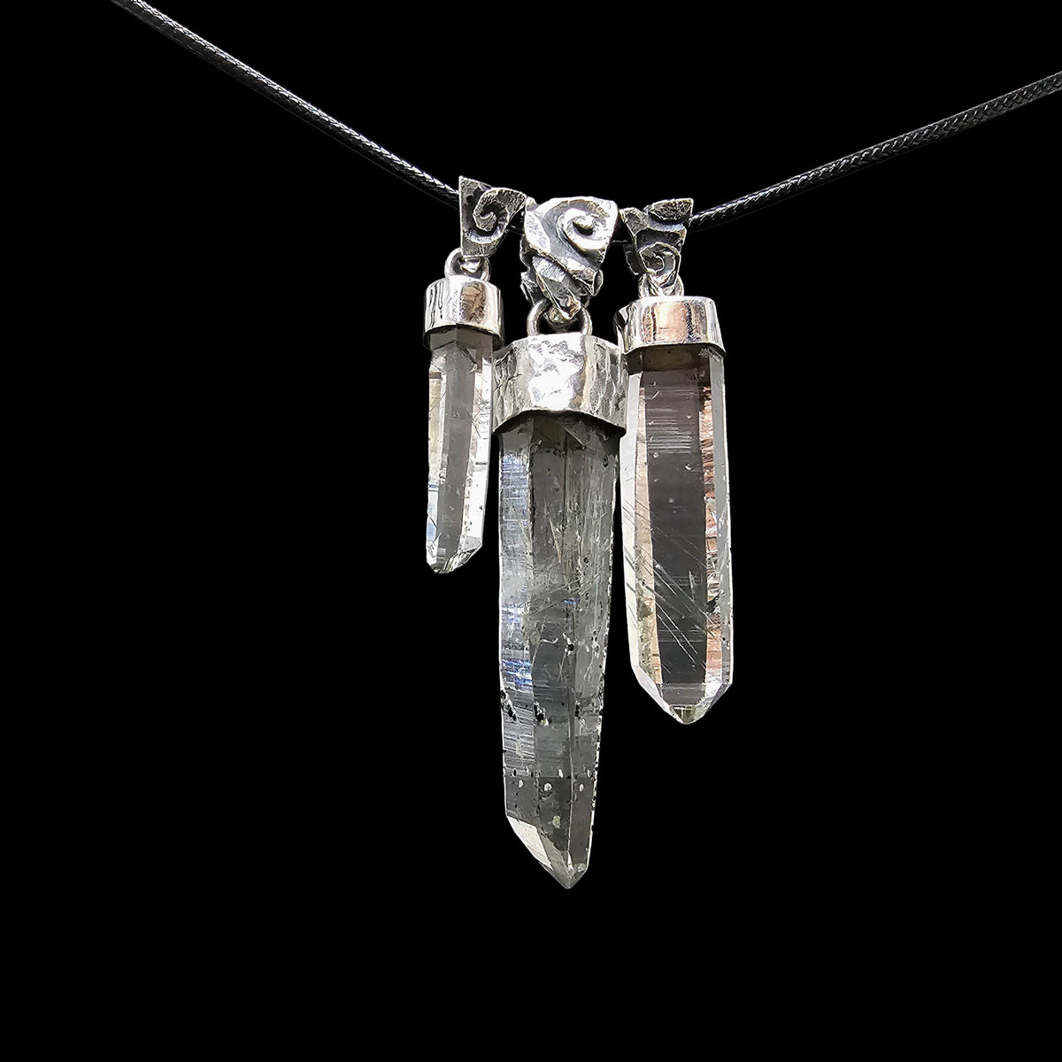 Actinolite quartz capped pendant, BC: three pendants on a chain
