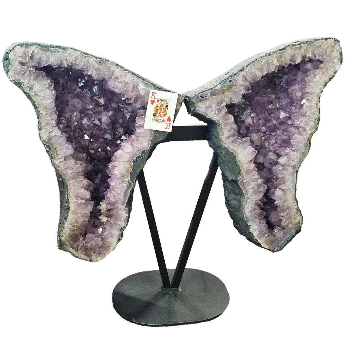 Amethyst butterfly geode on stand statement specimen, a variety of quartz, from Ametista do Sul, Rio Grande do Sul, Brazil.