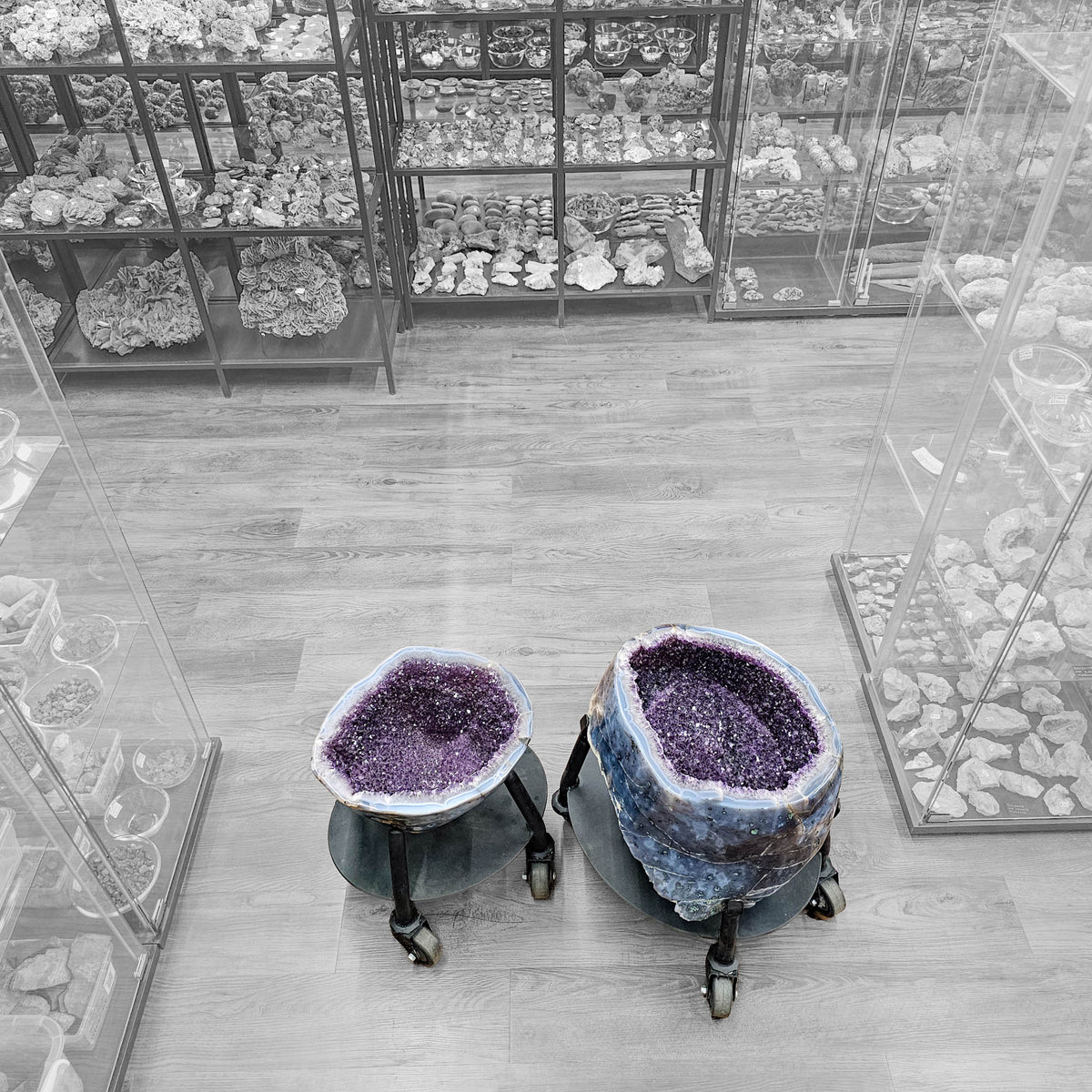 Amethyst - Polished Geode Pair - On Rolling Stands - Statement Piece