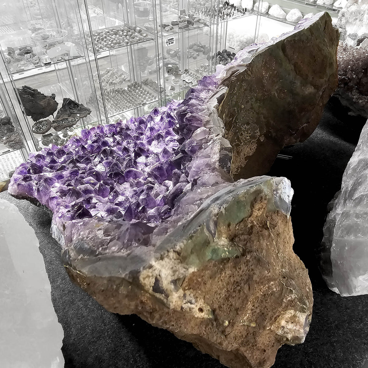Amethyst half-moon geode statement specimen, a variety of quartz.