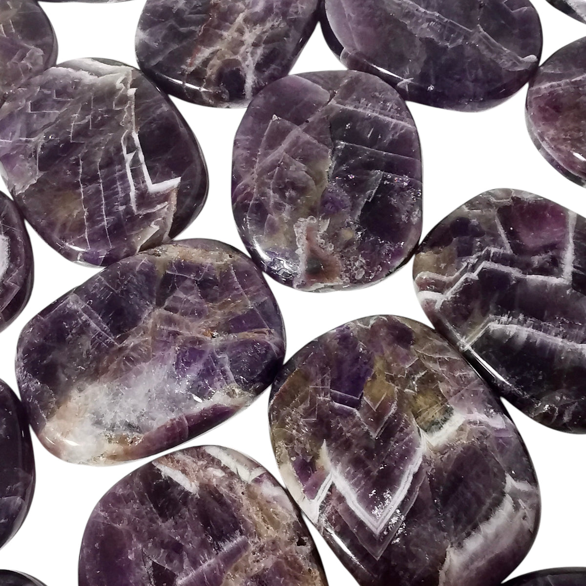 Chevron Amethyst Flat tumble, a variety of quartz, from Brazil.