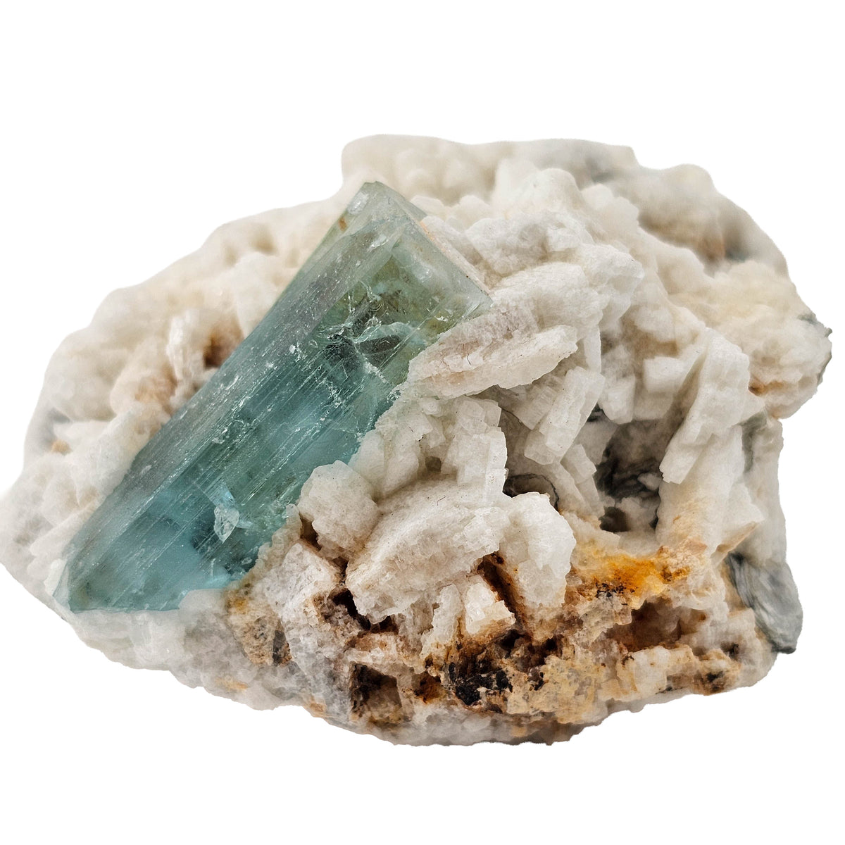 Aquamarine (Beryl) with Muscovite on Feldspar specimen from Shigar Valley, Skardu District, Gilgit-Baltistan, Pakistan.