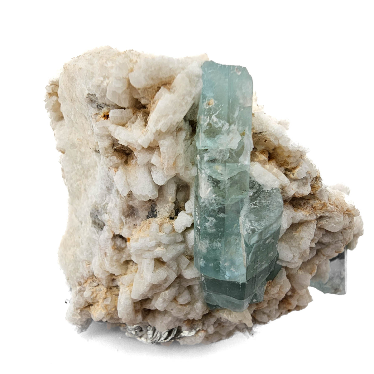 Aquamarine (Beryl) with Muscovite on Feldspar specimen from Shigar Valley, Skardu District, Gilgit-Baltistan, Pakistan.