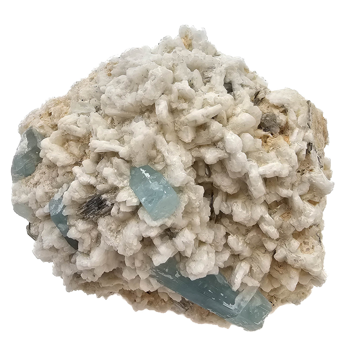Aquamarine (Beryl) on Feldspar (Microcline) specimen from Shigar Valley, Skardu District, Gilgit-Baltistan, Pakistan.