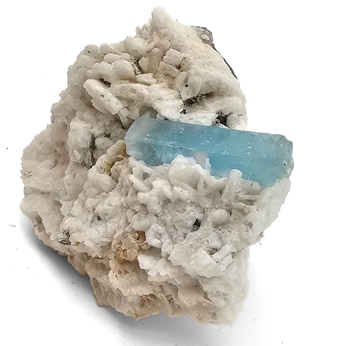 Aquamarine (Beryl) on Feldspar (Microcline) specimen from Shigar Valley, Skardu District, Gilgit-Baltistan, Pakistan.