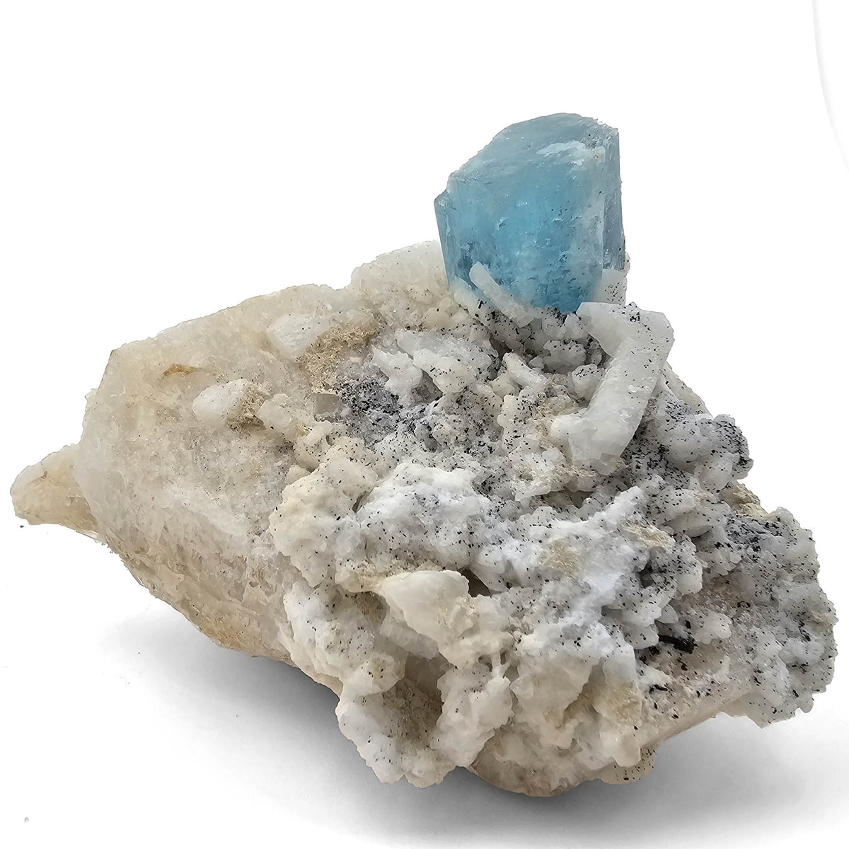 Aquamarine (Beryl) on Feldspar (Microcline) specimen from Shigar Valley, Skardu District, Gilgit-Baltistan, Pakistan.