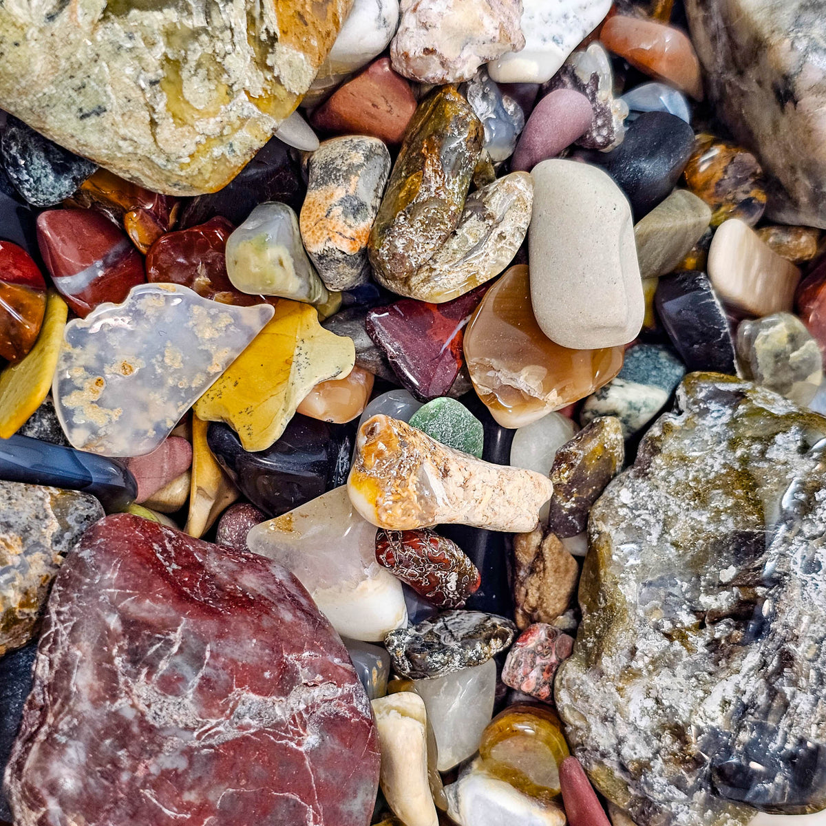 Assorted tumbled stones – close-up of a mixed bin
