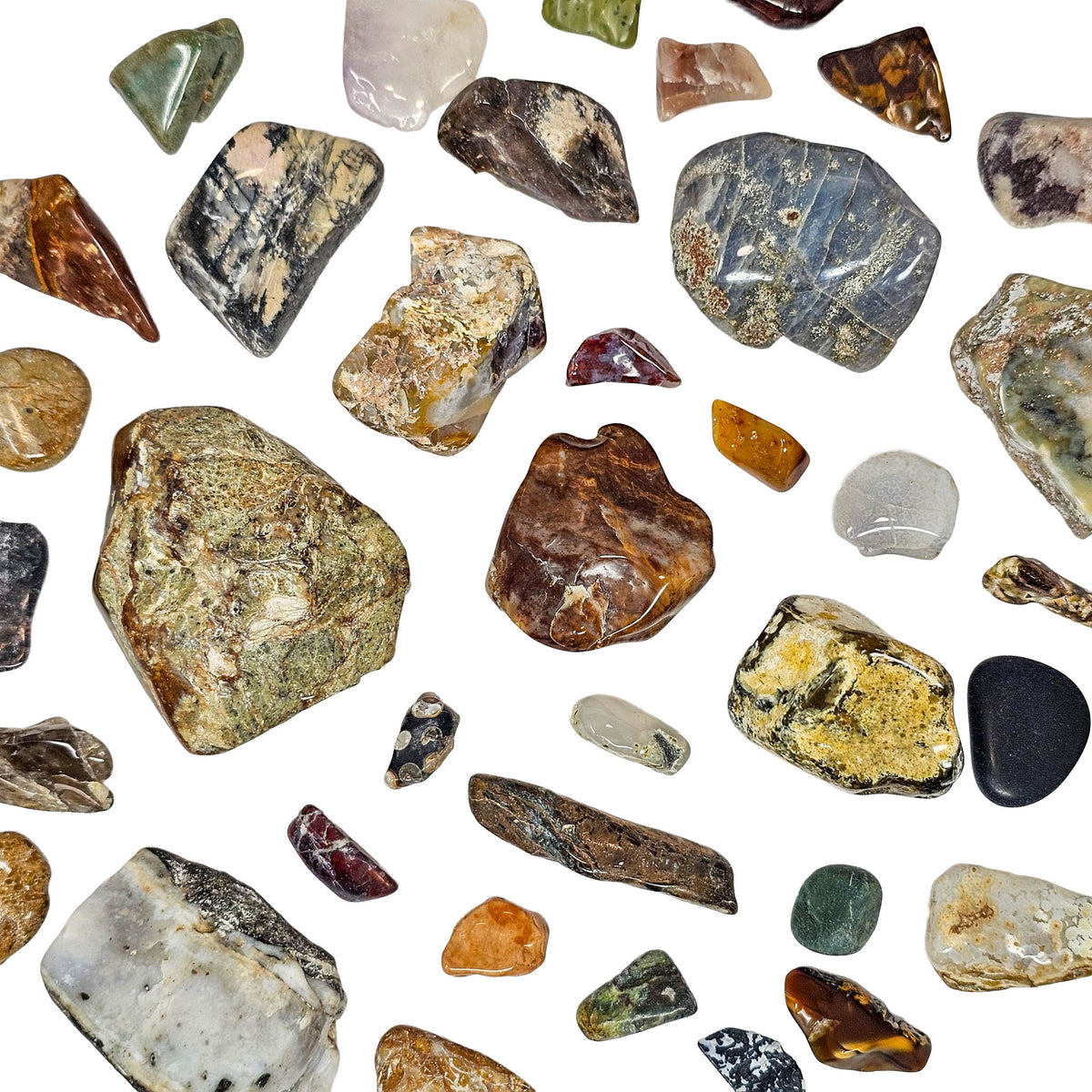 Assorted tumbled stones – spread of mixed stone types