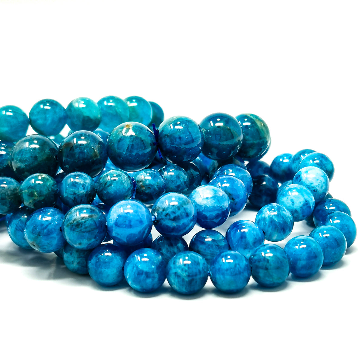 Blue apatite round bead bracelet – bracelets stacked, side view
