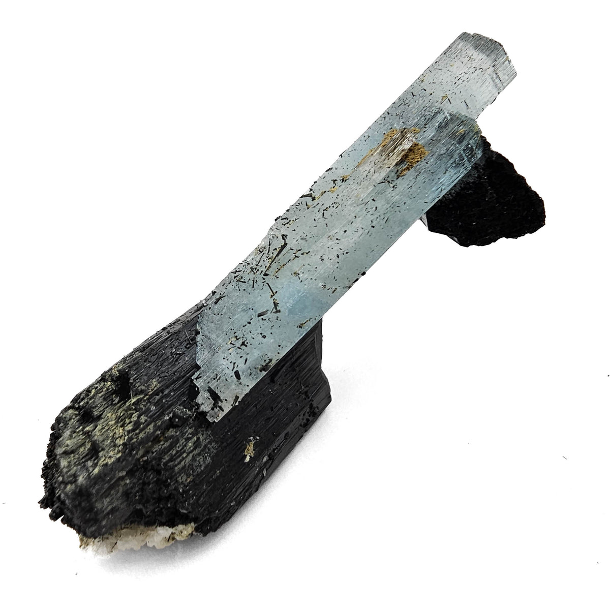 Black Tourmaline with Aquamarine (Beryl) specimen from Pingwu Mine, Mount Xuebaoding, Sichuan Province, China.