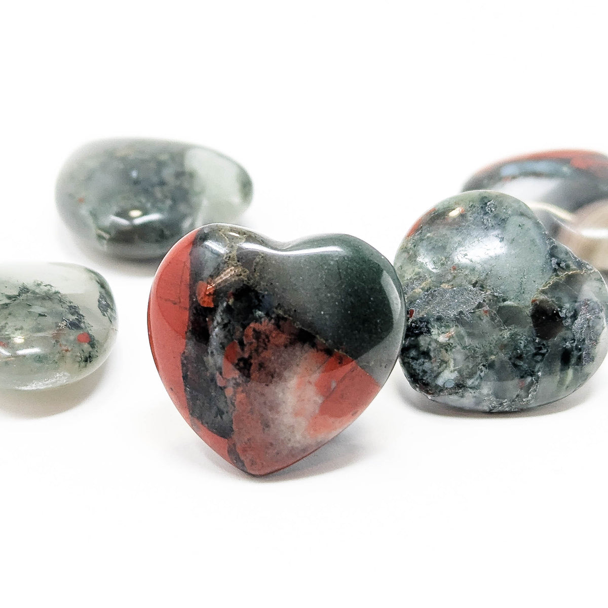 Bloodstone mini heart, a variety of chalcedony, from India.