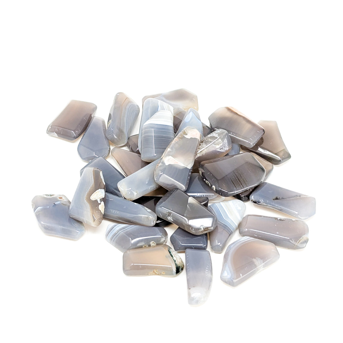 Blue Grey Agate tumble, a variety of chalcedony.