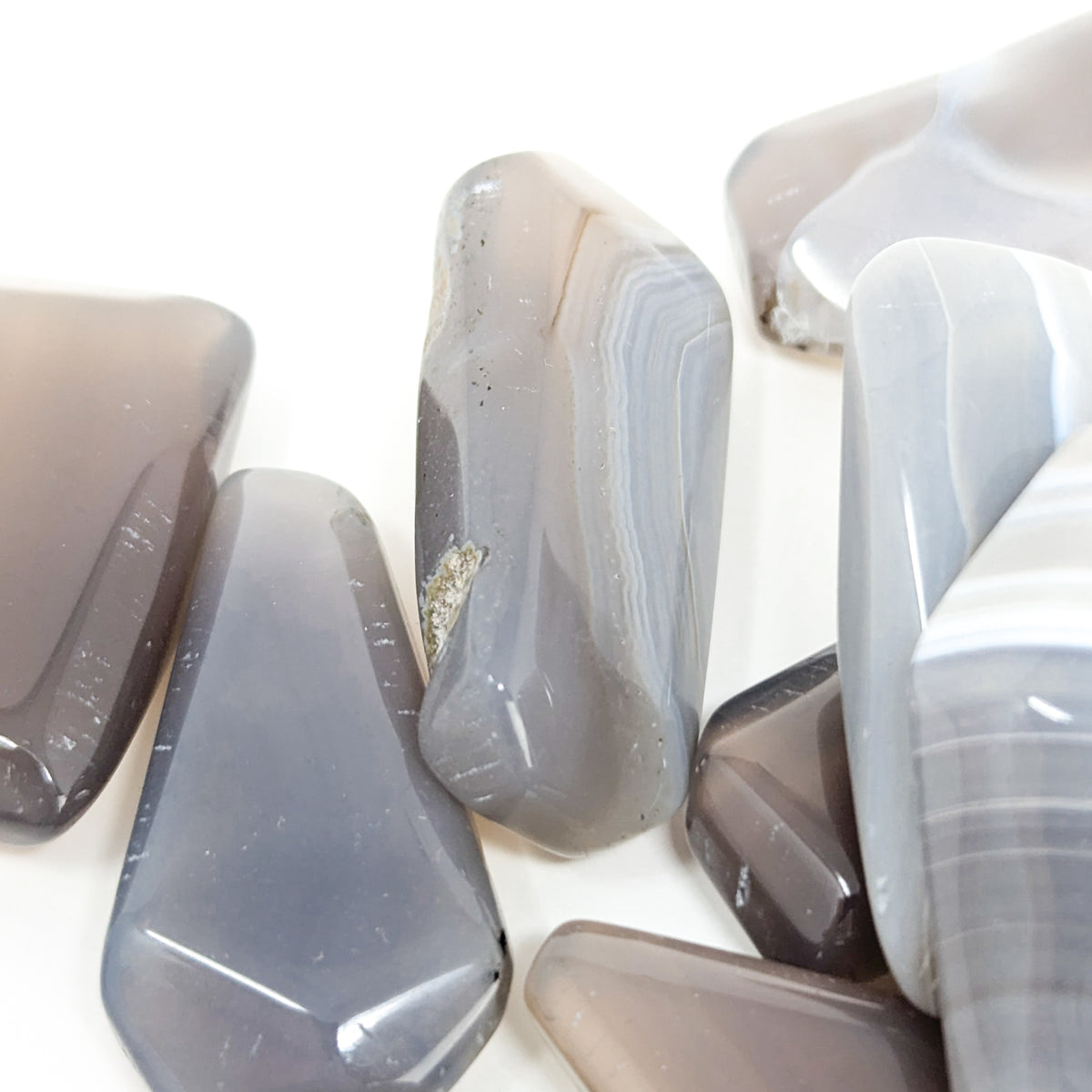 Blue Grey Agate tumble, a variety of chalcedony.