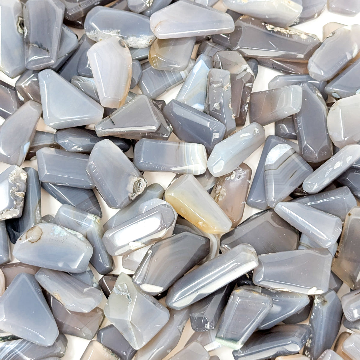 Blue Grey Agate tumble, a variety of chalcedony.