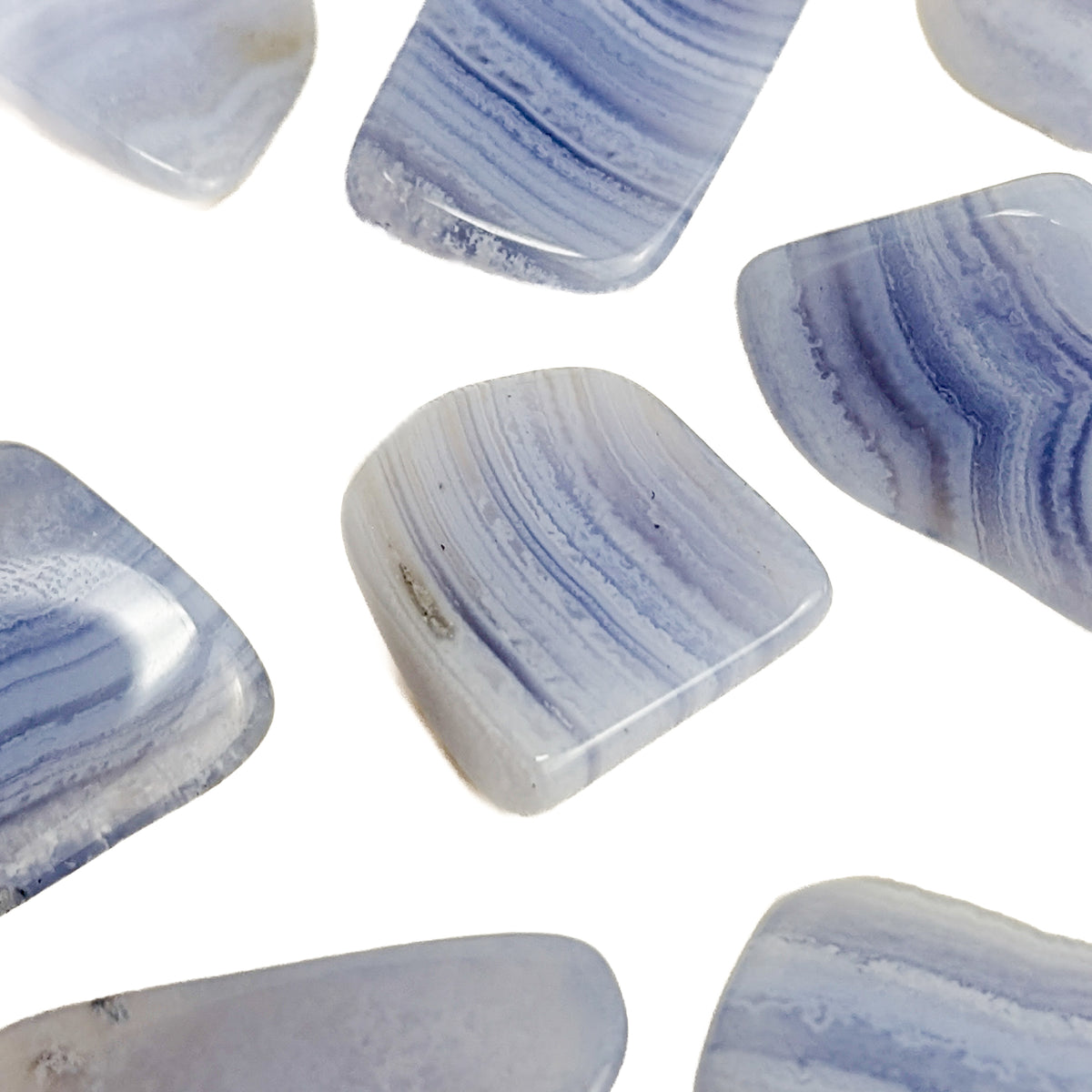 Blue Lace Agate tumble, a variety of chalcedony, from Namibia.