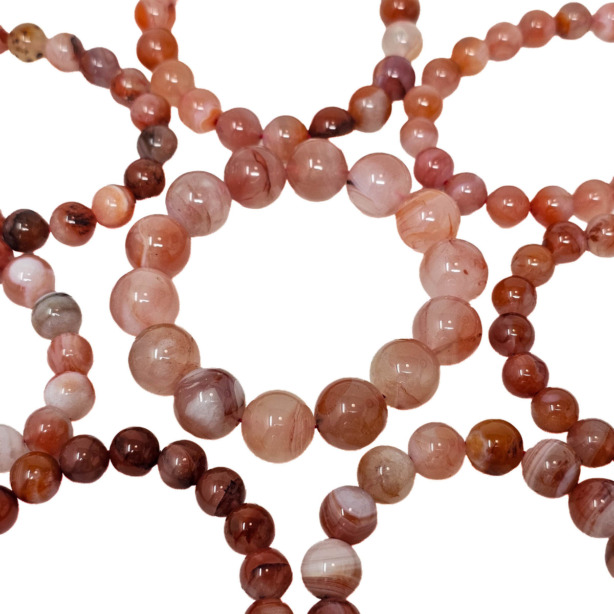 Carnelian Parallax Agate round bead bracelet.