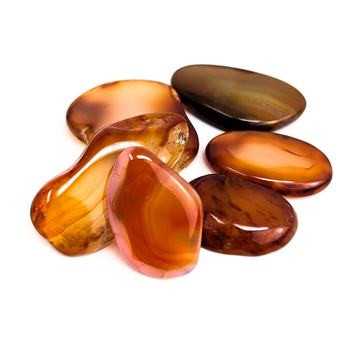 Carnelian slabbed tumble, a variety of chalcedony, from China.