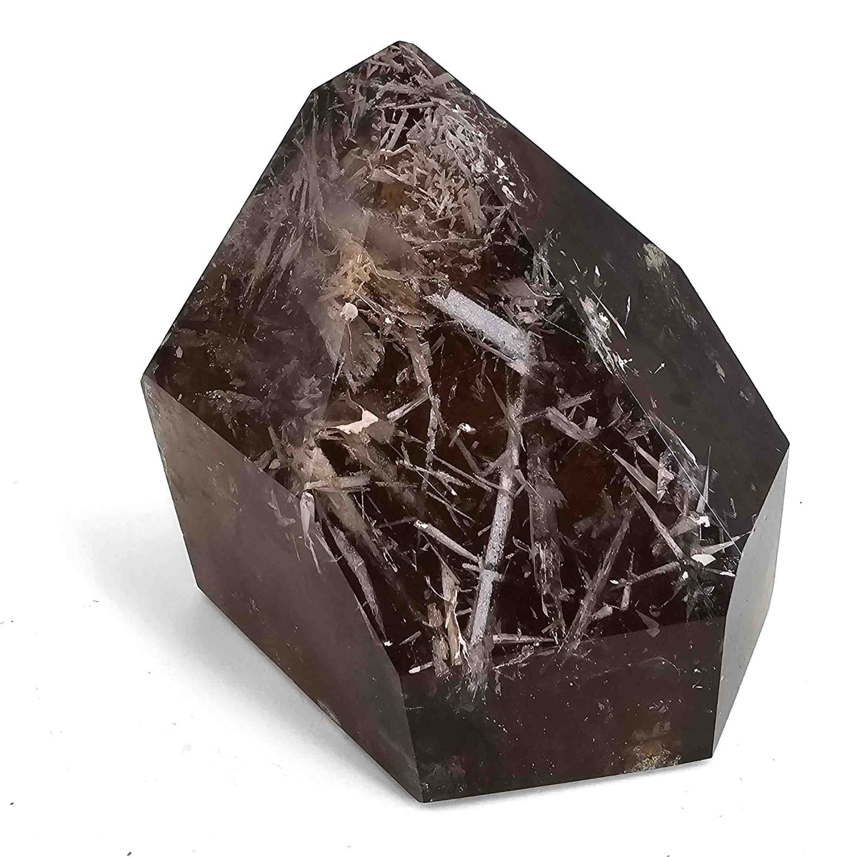 Smoky Quartz with White Rutile polished freeform from Minas Gerais, Brazil.