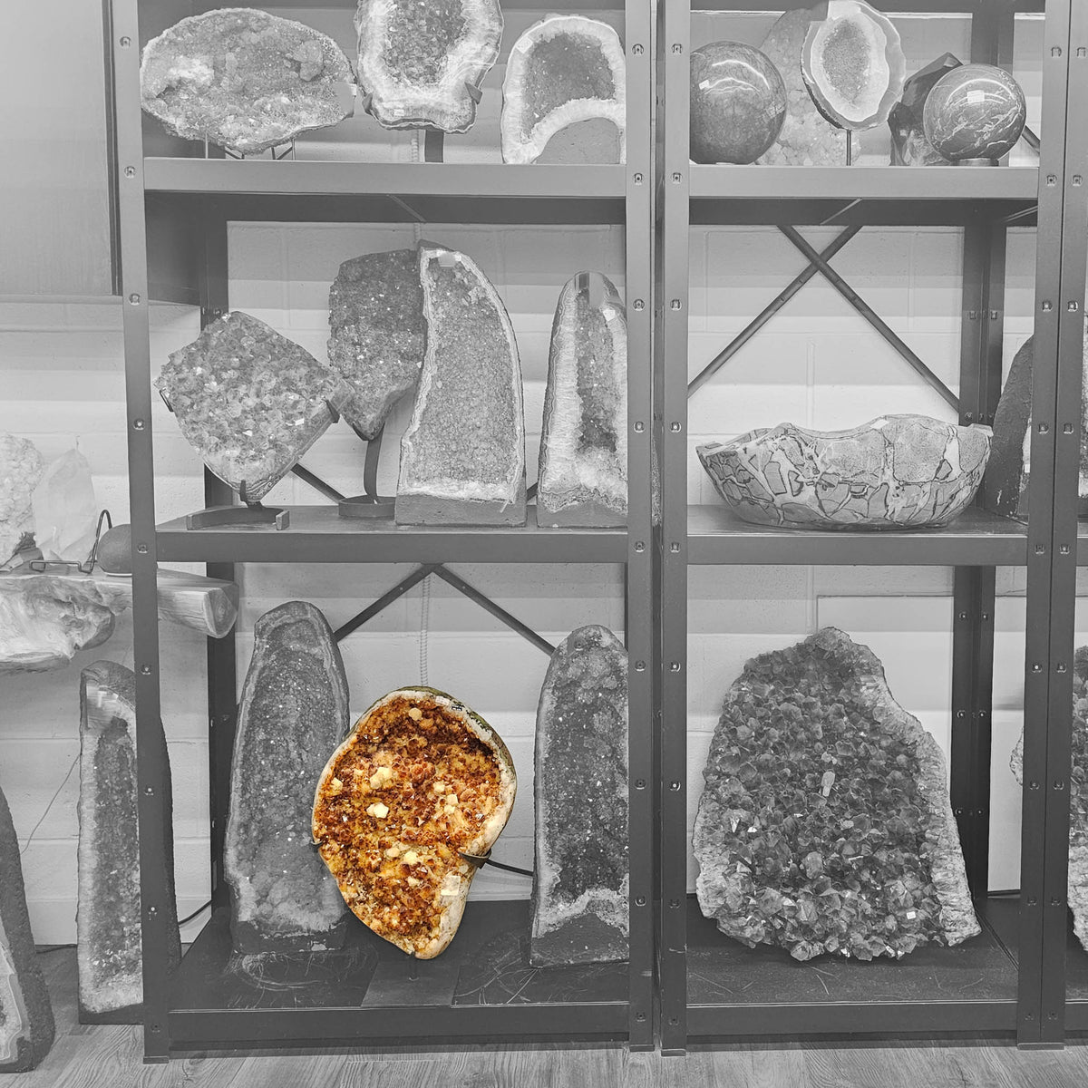 Citrine with Calcite polished druze freeform statement specimen from Rio Grande do Sul, Brazil.