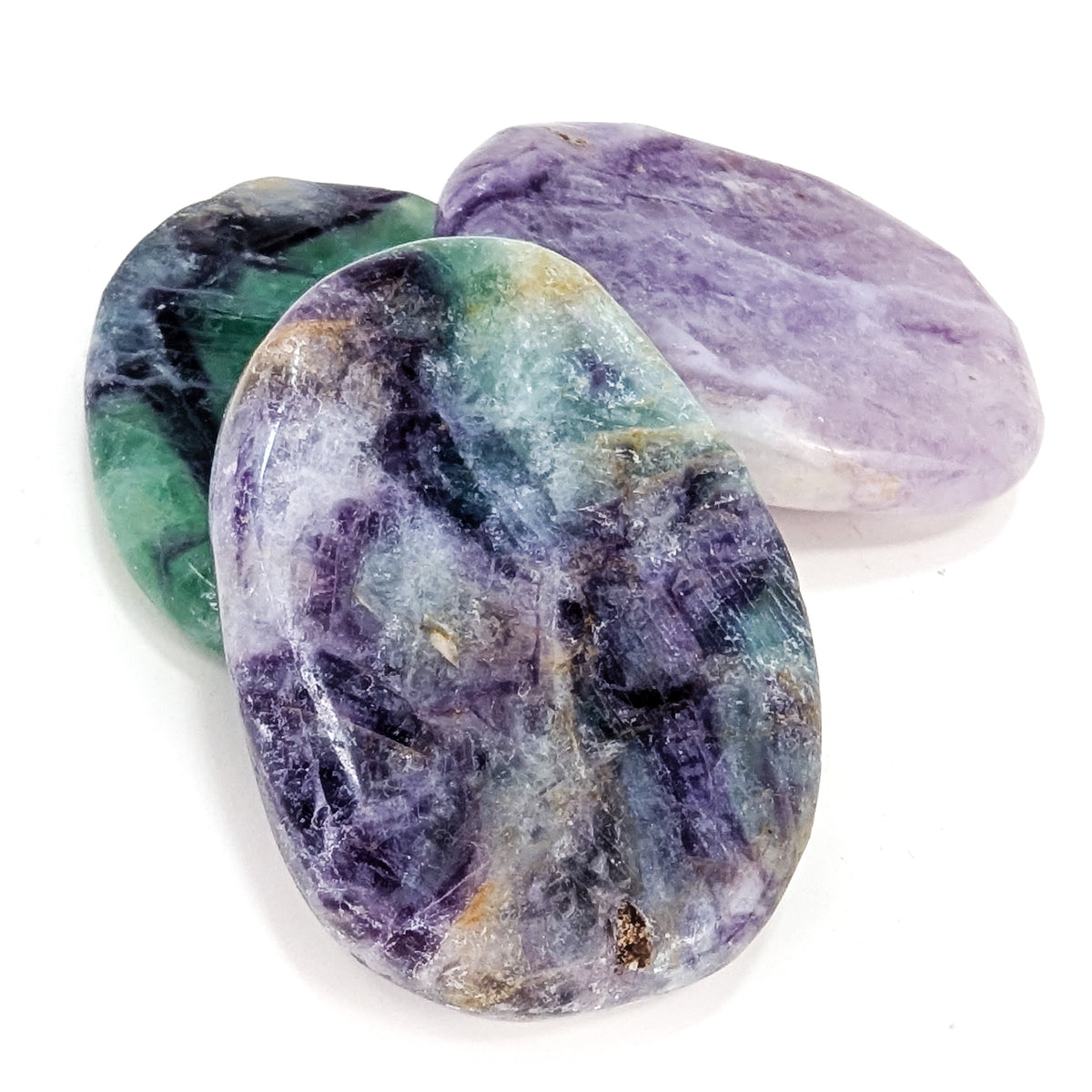 Large fluorite flat tumble from China – three stones