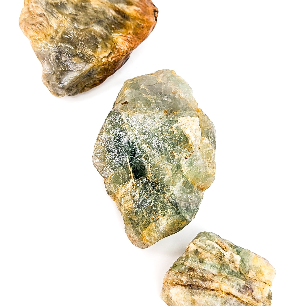 Fluorite rough from Kelowna, BC – three pieces in a row
