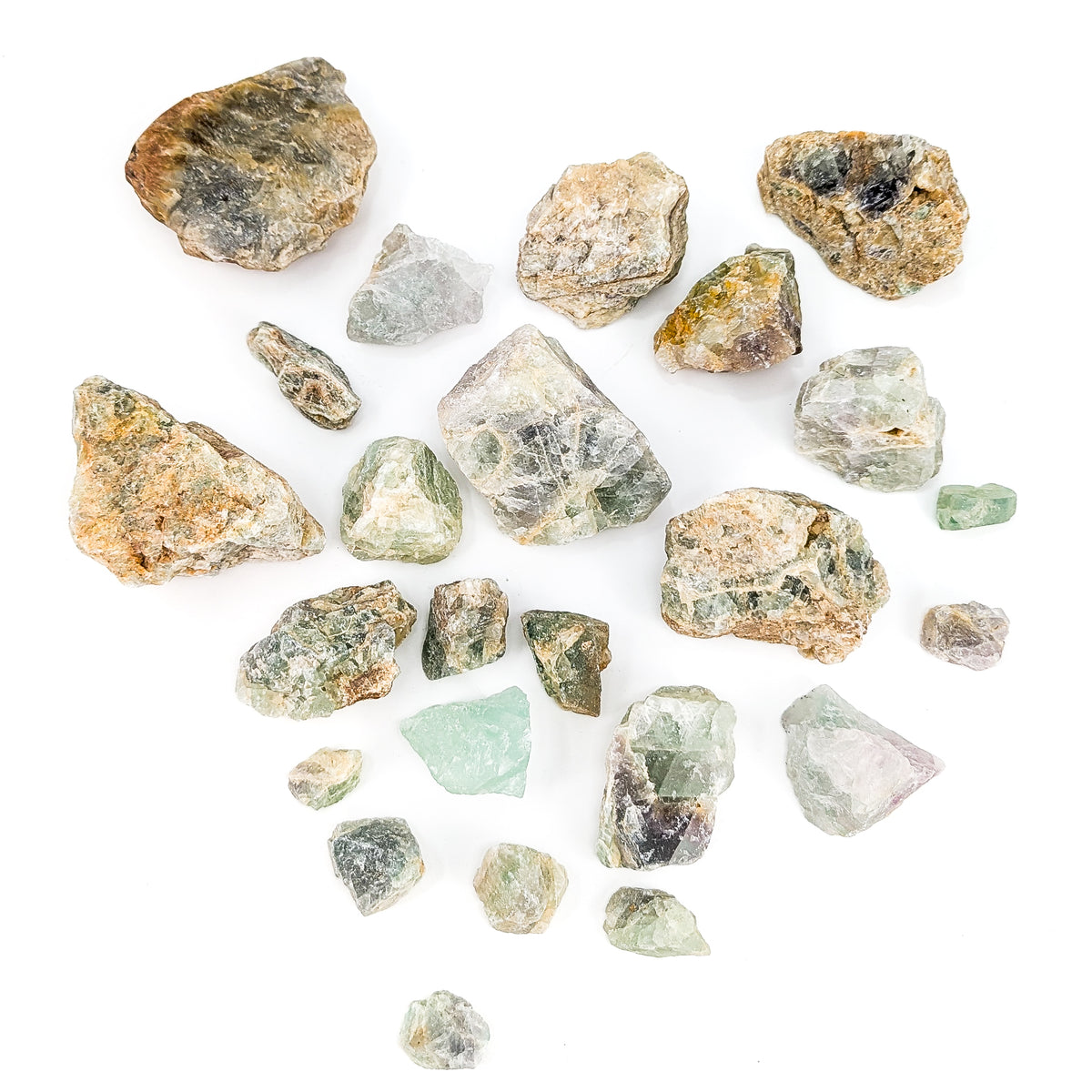Fluorite rough from Kelowna, BC – spread of many pieces