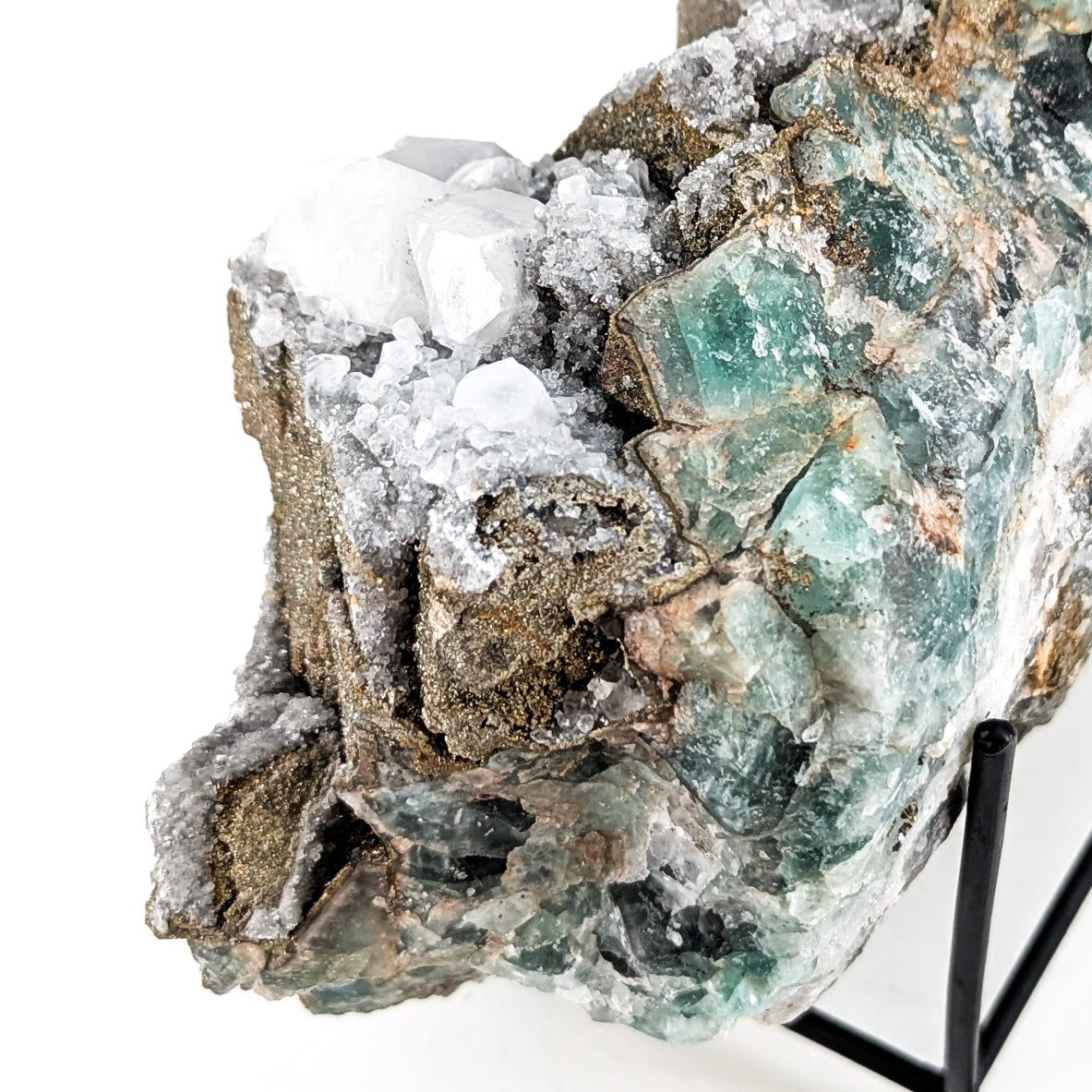 Fluorite with Pyrite and Aragonite specimen, most likely from Sidi Ayad, Boulemane, Morocco.