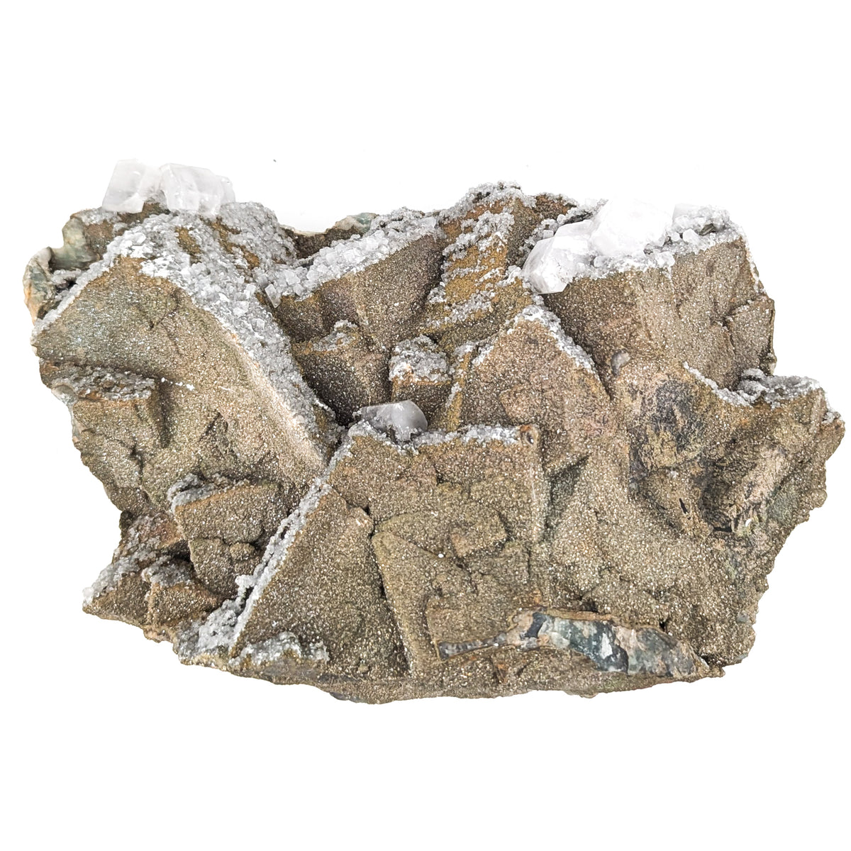 Fluorite with Pyrite and Aragonite specimen, most likely from Sidi Ayad, Boulemane, Morocco.