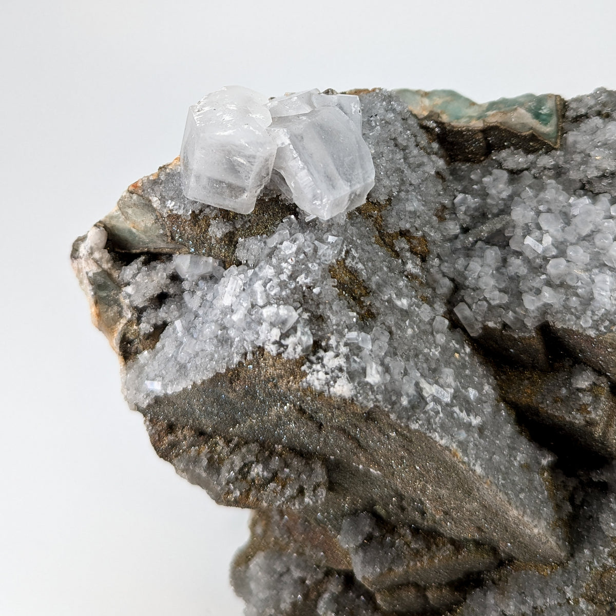 Fluorite with Pyrite and Aragonite specimen, most likely from Sidi Ayad, Boulemane, Morocco.