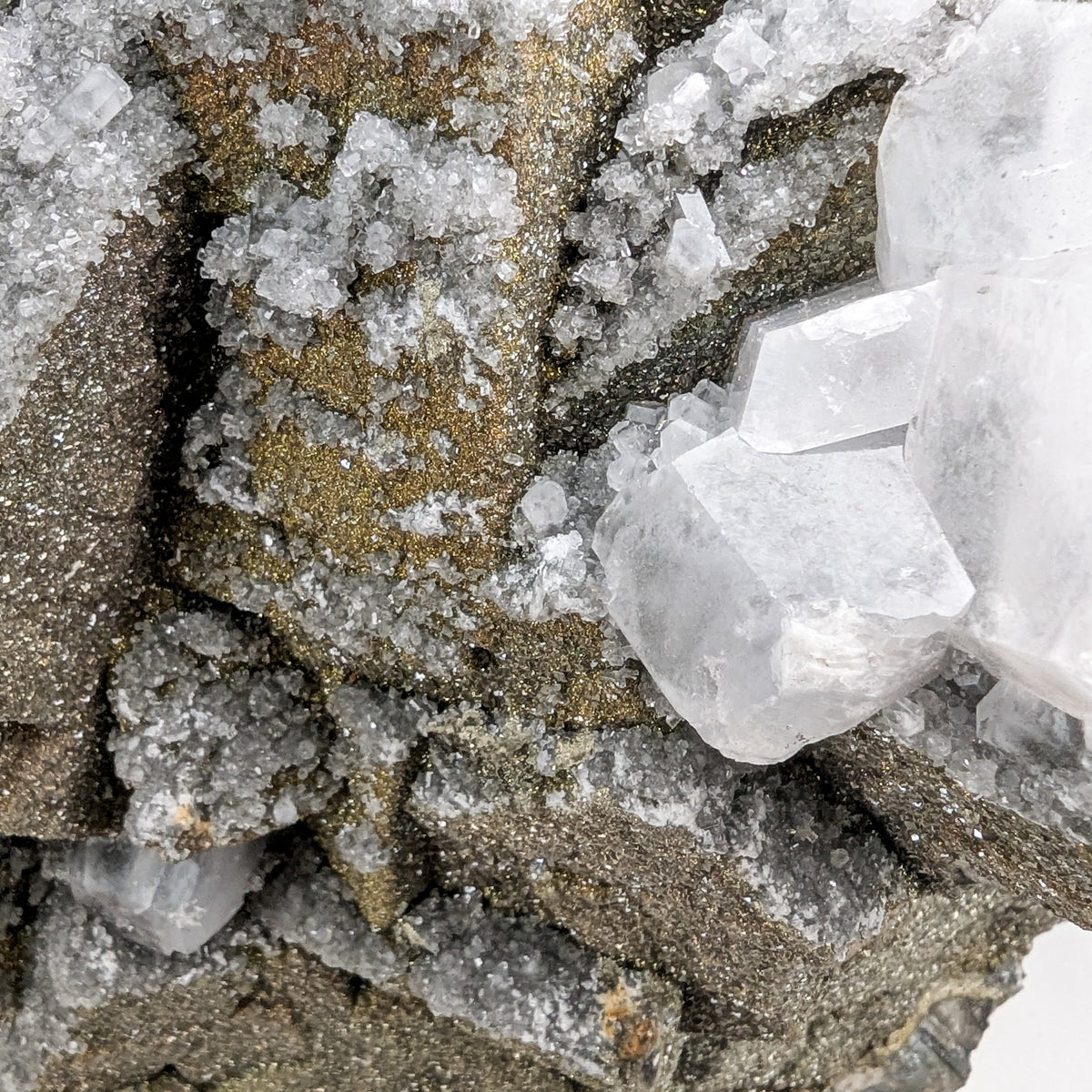 Fluorite with Pyrite and Aragonite specimen, most likely from Sidi Ayad, Boulemane, Morocco.