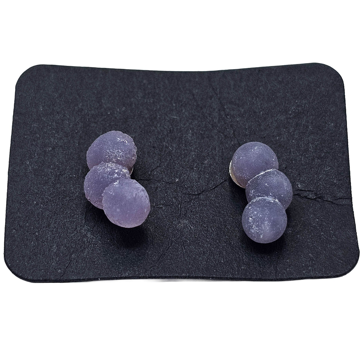 Grape agate stud earring from Indonesia – three ball pair on a card