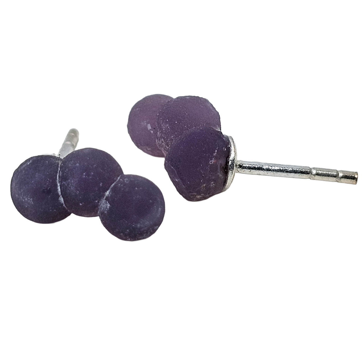 Grape agate stud earring from Indonesia – three ball pair, side view