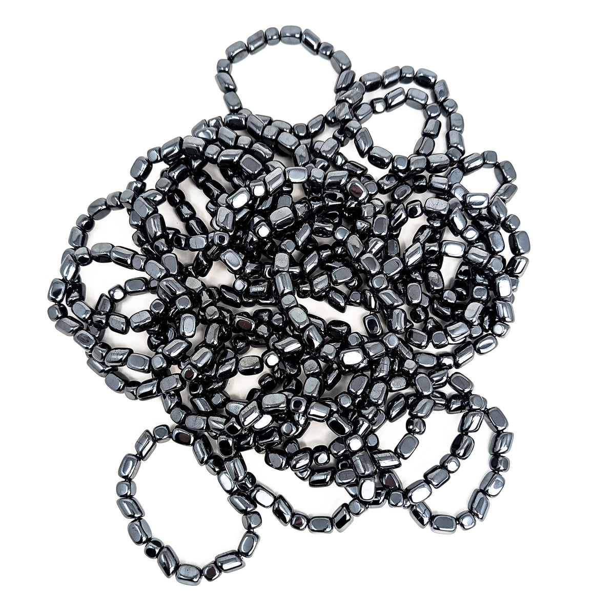 Hematite tumbled bead bracelet – pile of bracelets