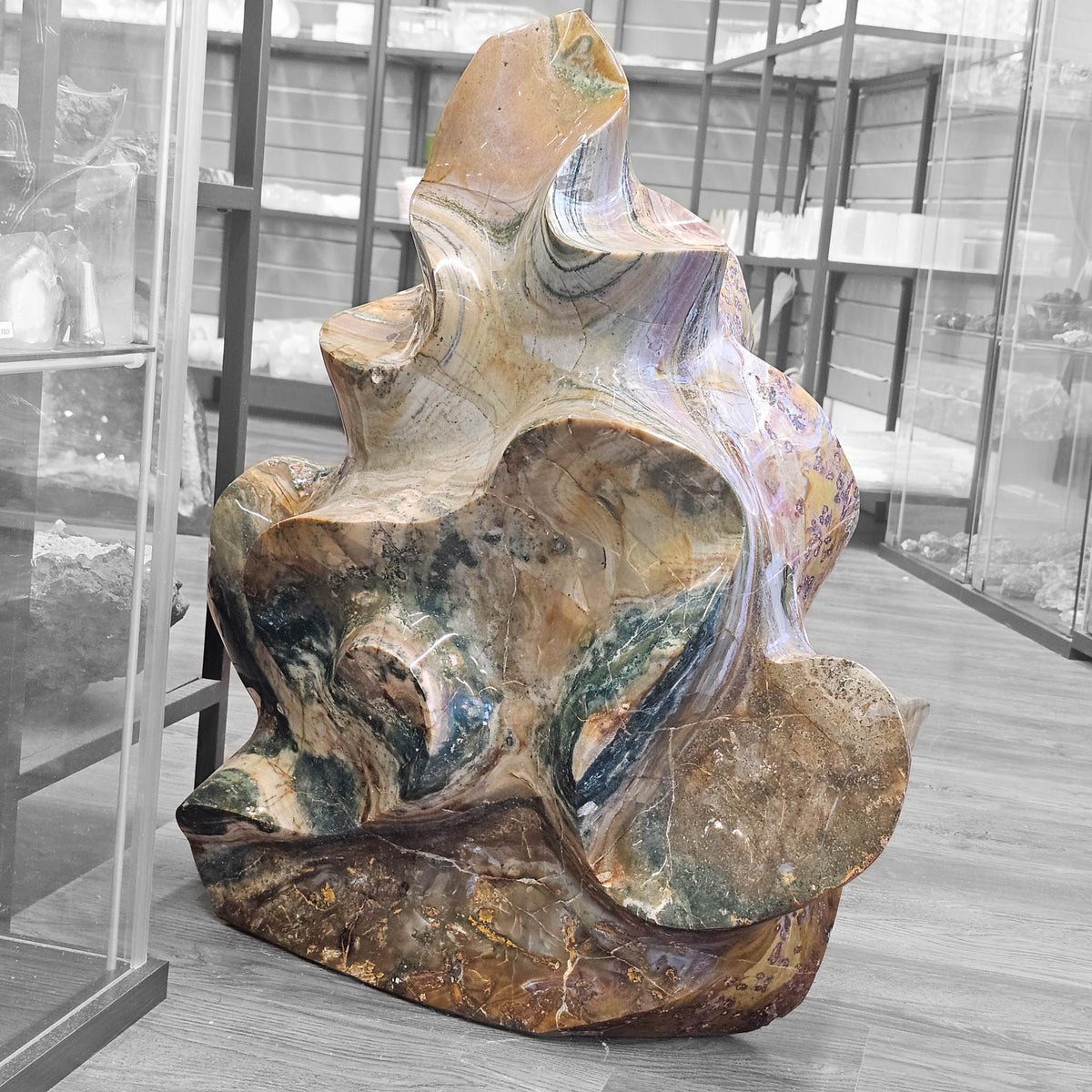 Ocean Jasper polished flame statement specimen from Analalava District, Sofia Region, Madagascar.