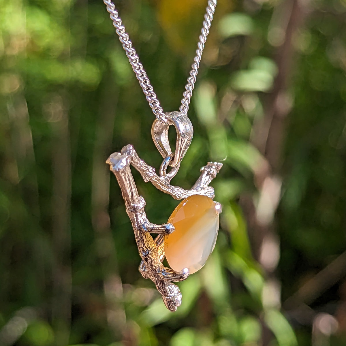 Twig and BC agate pendant in sterling silver – pendant on chain, angled