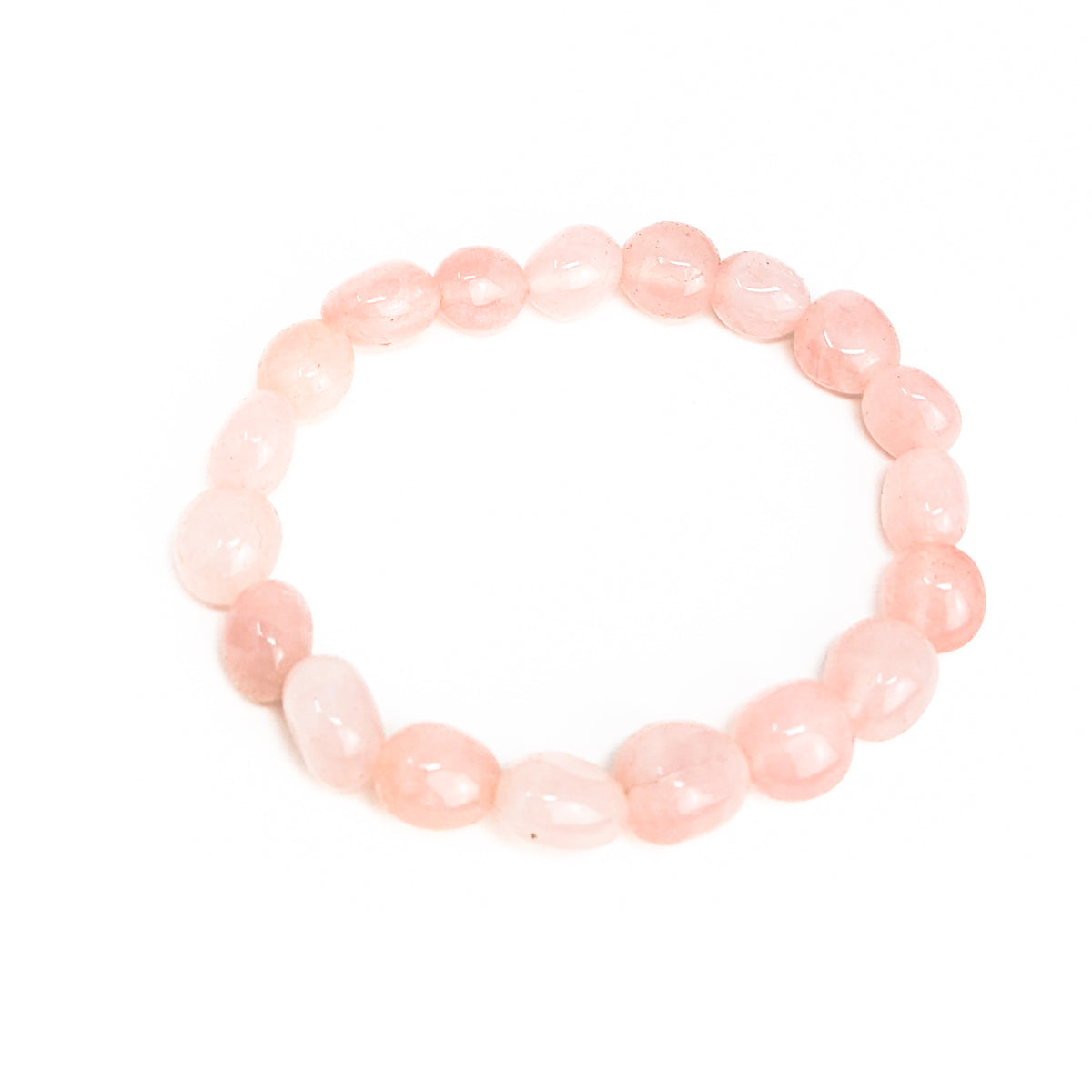 Rose quartz tumbled bead bracelet – single bracelet, top view