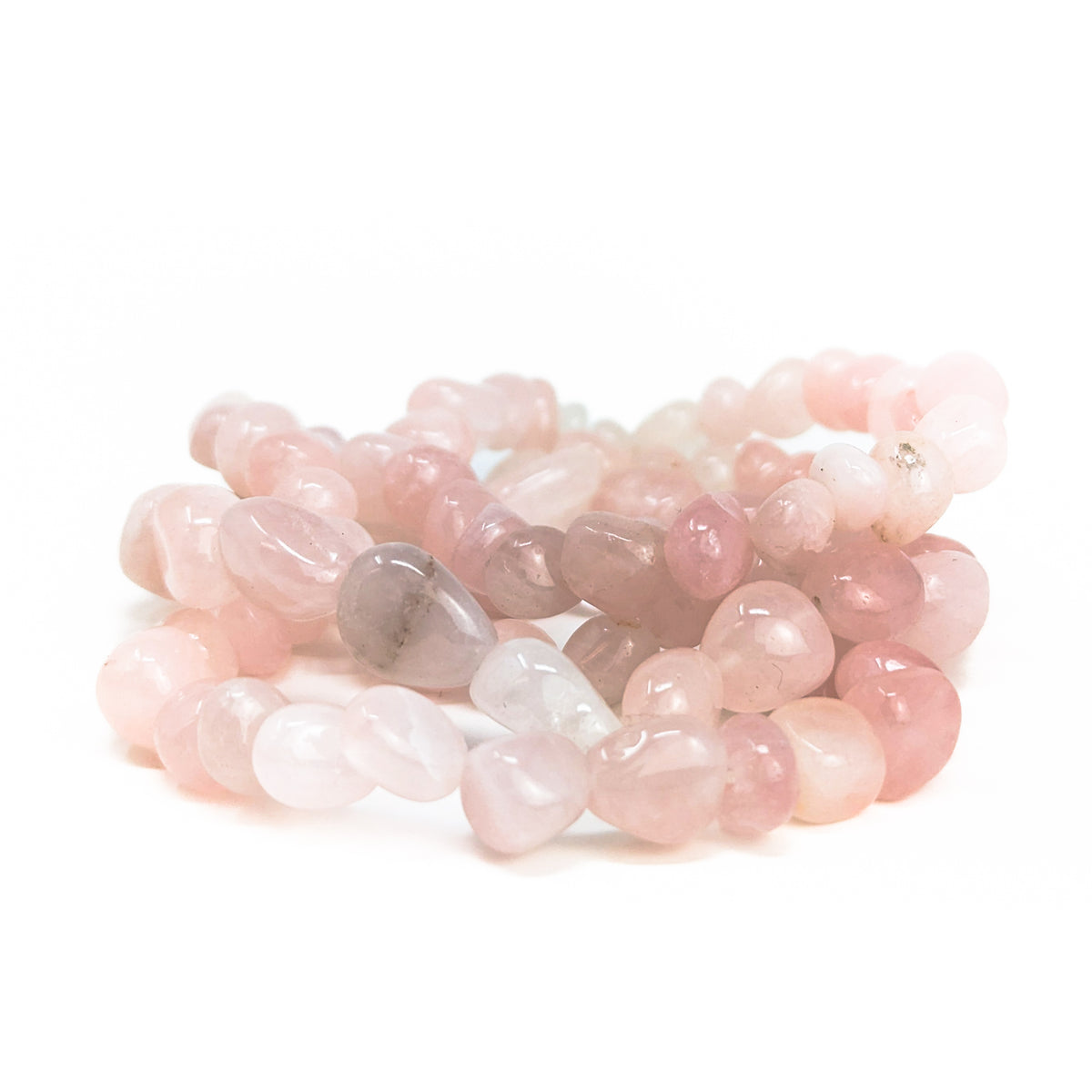 Rose quartz tumbled bead bracelet – pile of bracelets