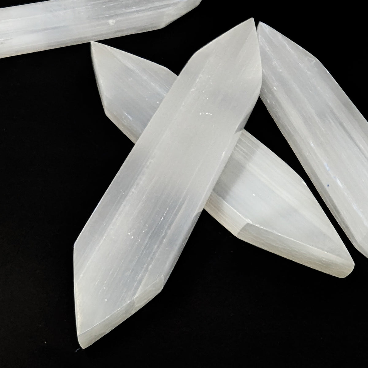 Selenite double terminated stake, a variety of gypsum, from Morocco.
