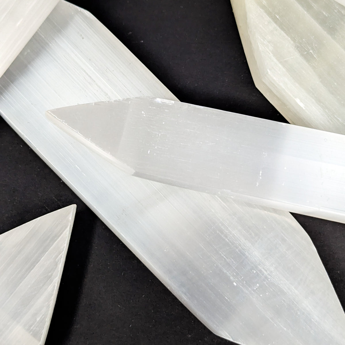 Selenite double terminated stake, a variety of gypsum, from Morocco.