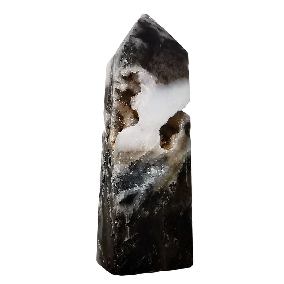 Snow Agate obelisk, a variety of chalcedony.