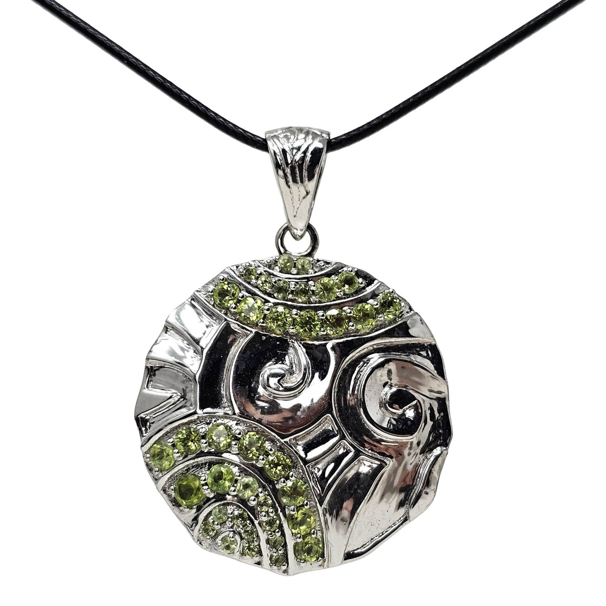 Swirl Medallion - Pendant - Broken Ox Creations - Hand Carved Medallion - Sterling Silver - Peridot London Blue Topaz - BC, Canada