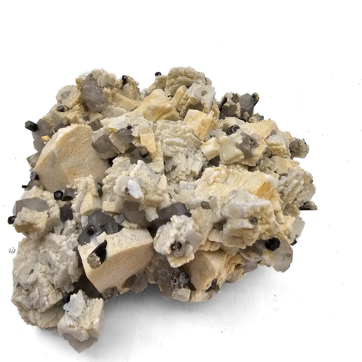 Tourmaline on Feldspar and Smoky Quartz specimen from Errachidia Province, Drâa-Tafilalet Region, Morocco.