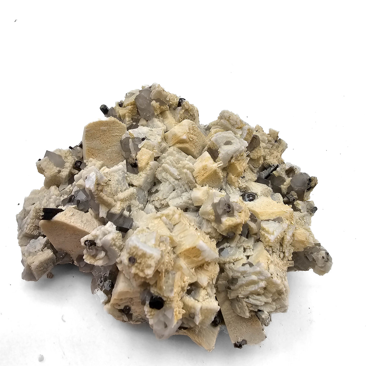 Tourmaline on Feldspar and Smoky Quartz specimen from Errachidia Province, Drâa-Tafilalet Region, Morocco.