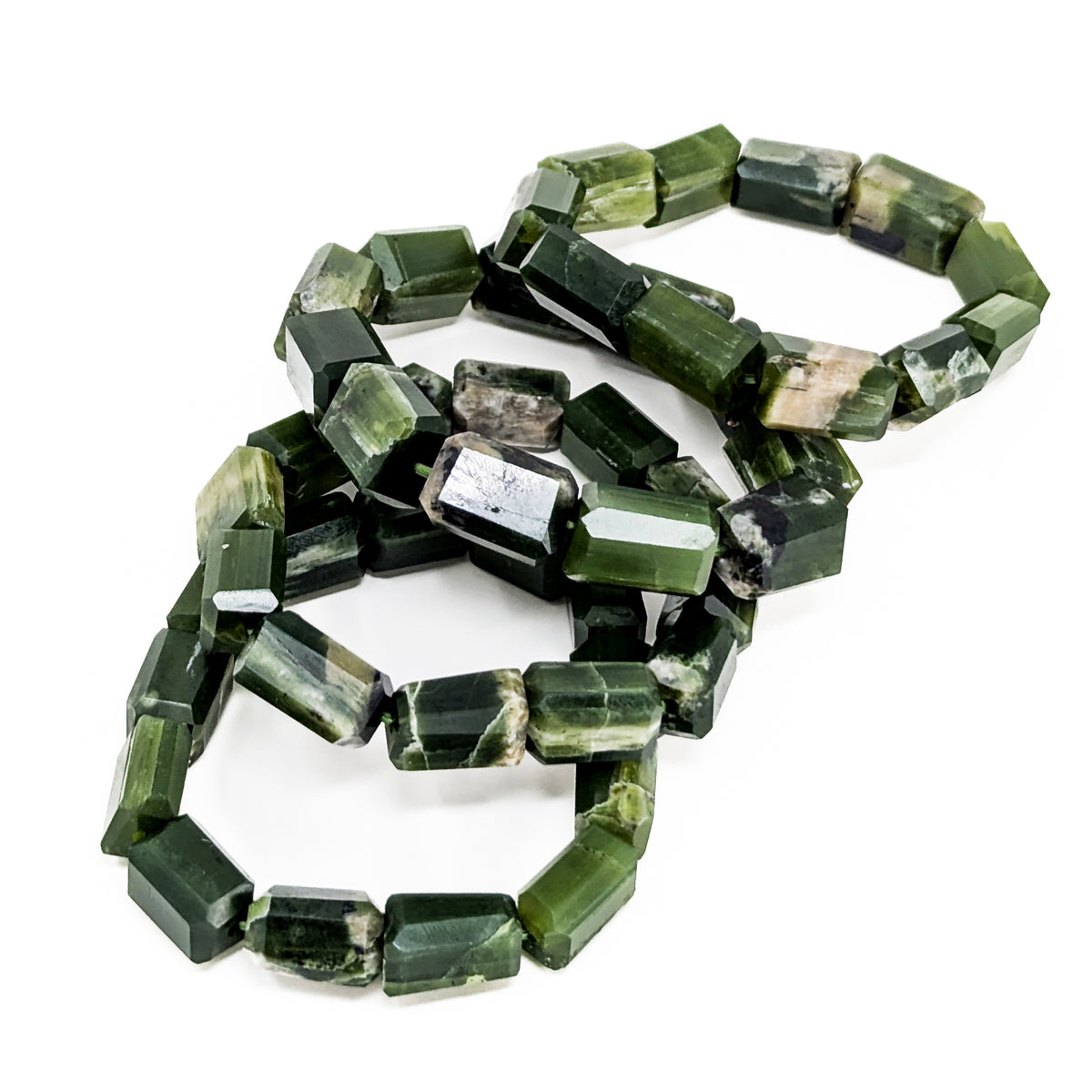 Tremolite bead bracelet from Pakistan – bracelets stacked on edge