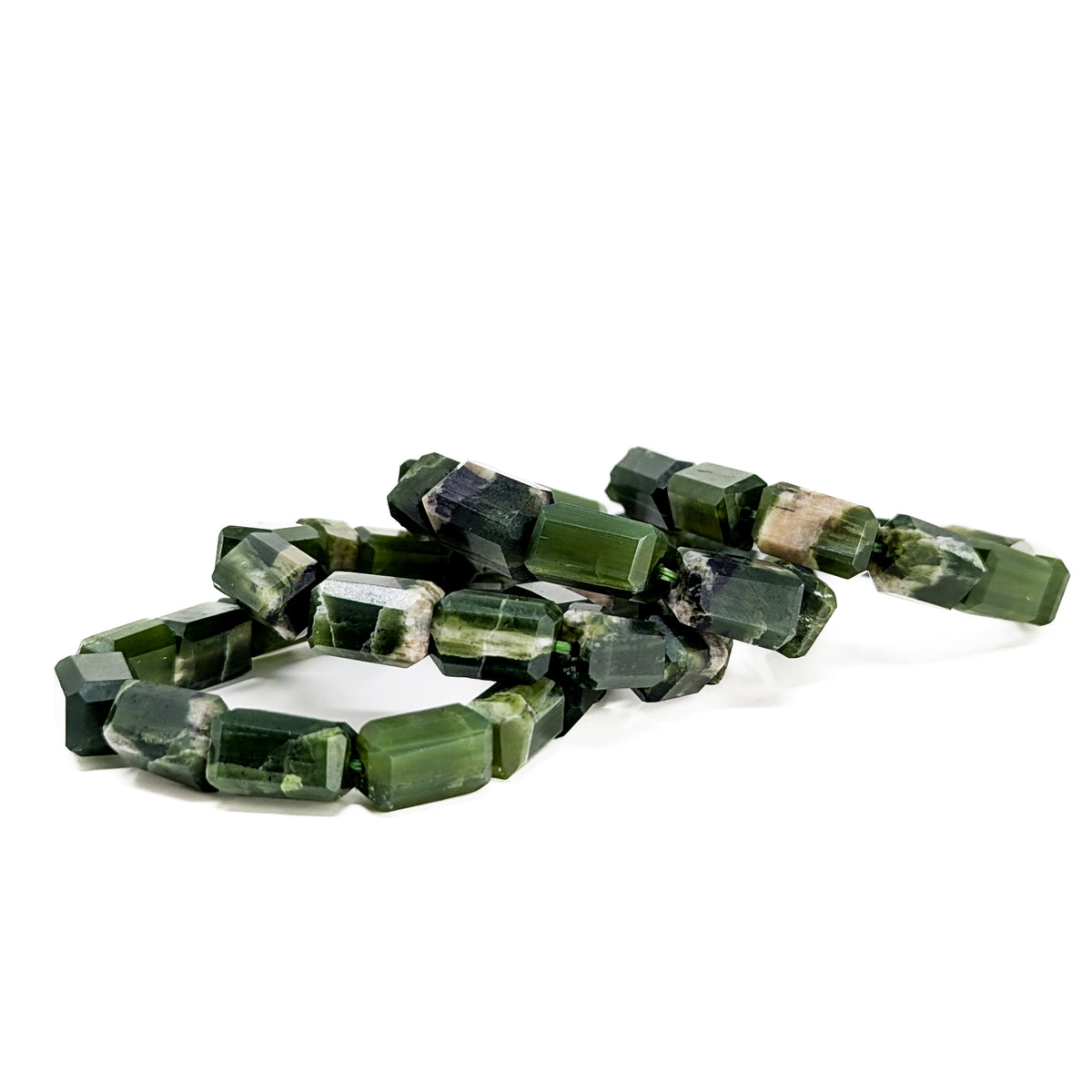 Tremolite bead bracelet from Pakistan – three bracelets overlapping