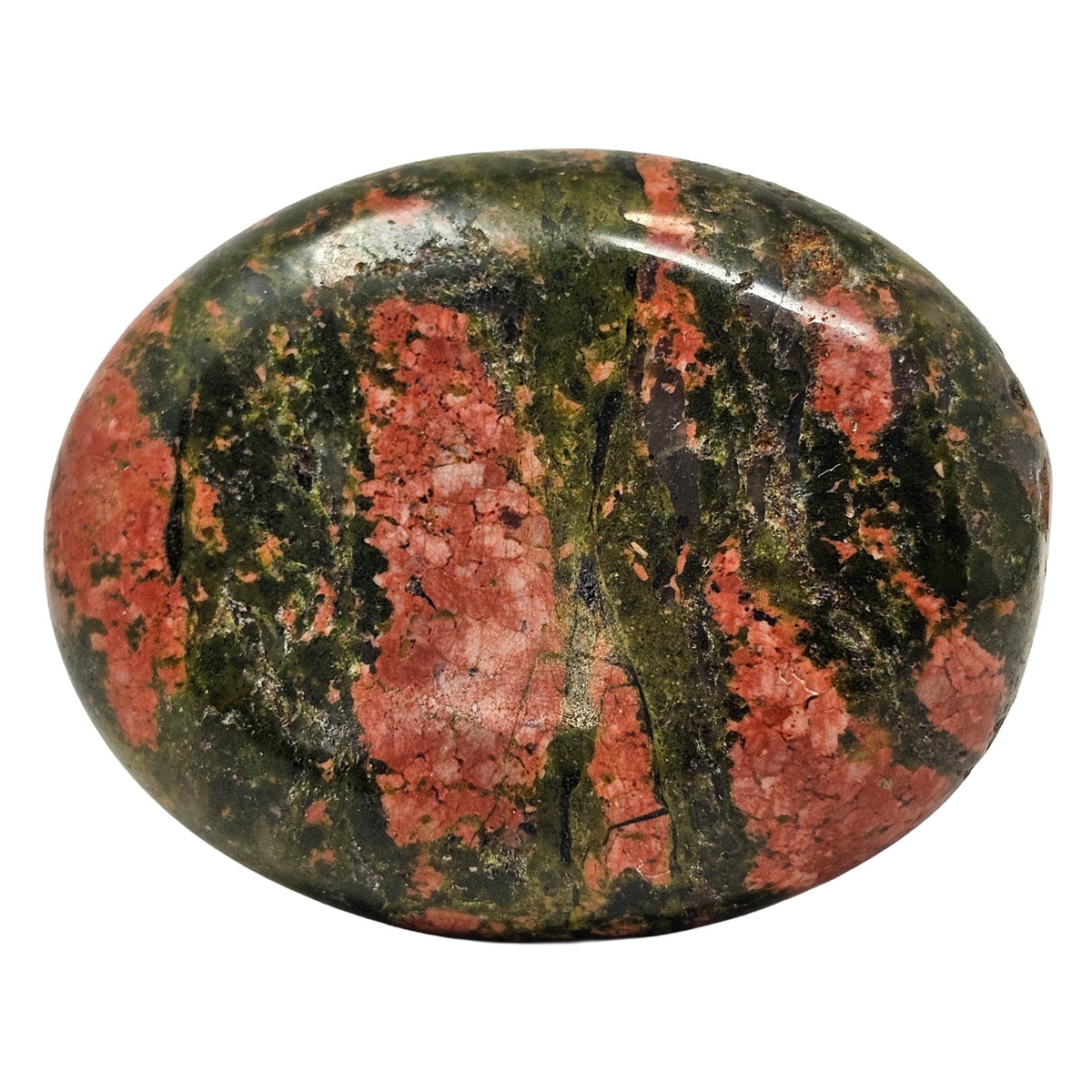 Unakite palm stone, Ontario: single palm stone, close view