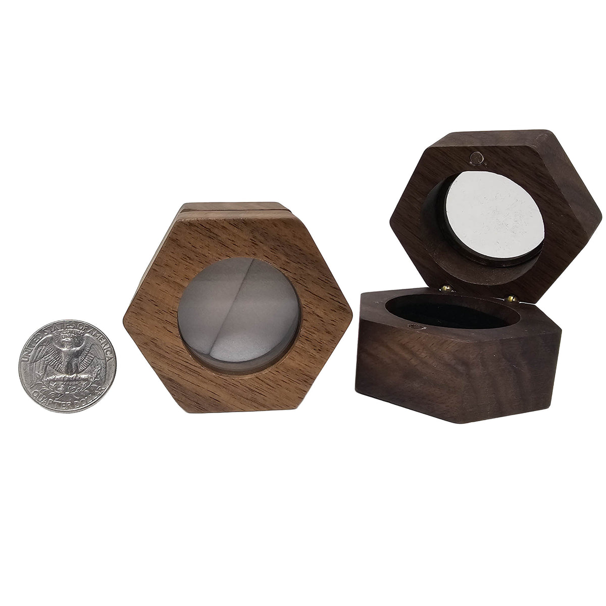 Wood hexagon ring box – boxes beside a coin for scale